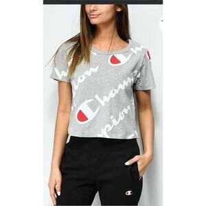 Champion womens size XS Crop T Shirt Gray All Over Script